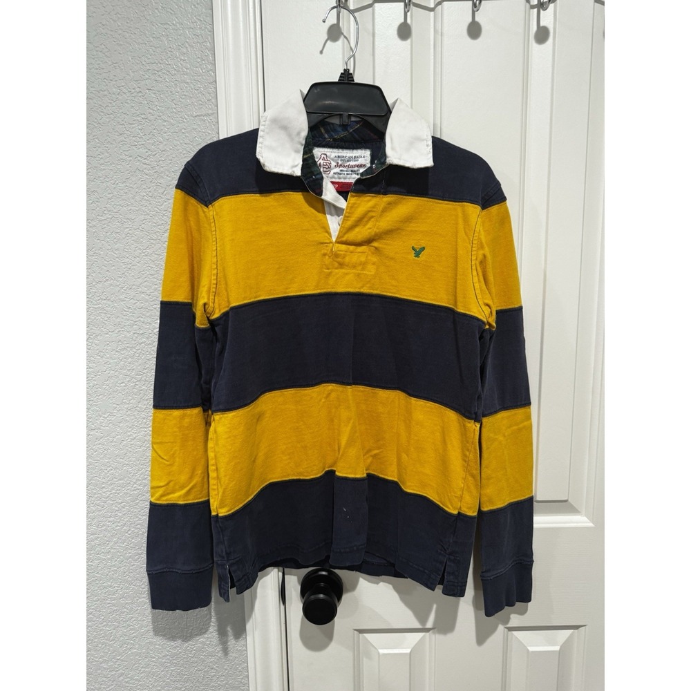 American Eagle Polo Short Rugby Striped Blue Yellow Preppy FLAW Small Y2K